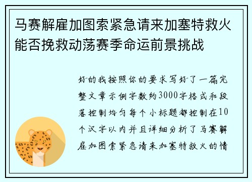 马赛解雇加图索紧急请来加塞特救火能否挽救动荡赛季命运前景挑战 马赛解雇加图索紧急请来加塞特救火能否挽救动荡赛季命运前景挑战