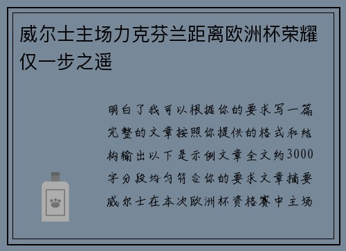 威尔士主场力克芬兰距离欧洲杯荣耀仅一步之遥 威尔士主场力克芬兰距离欧洲杯荣耀仅一步之遥